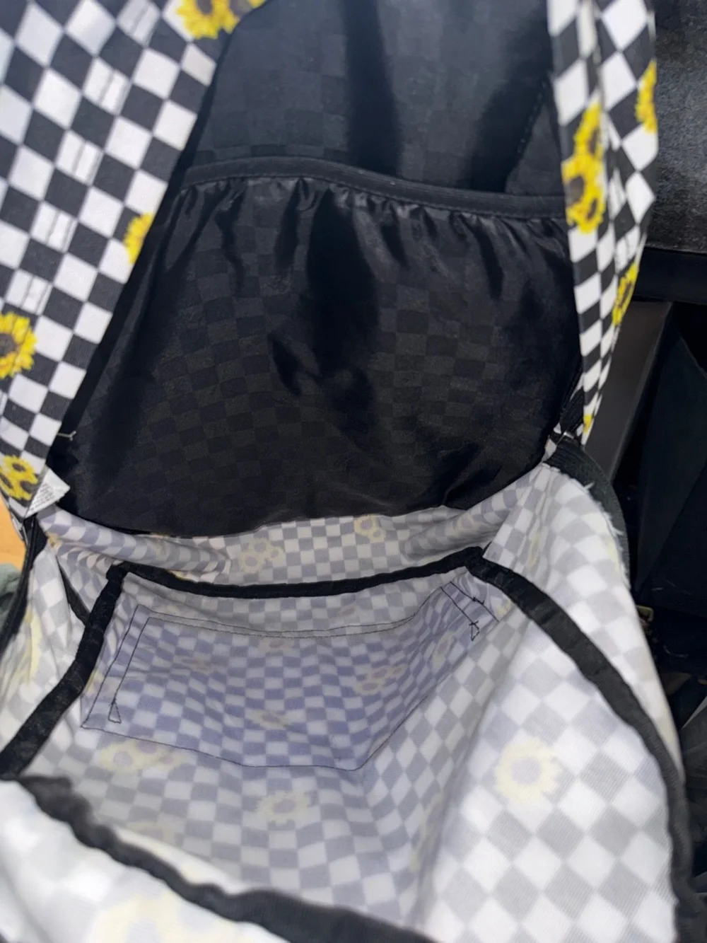 Vans black and white checker print sunflowers school size backpack
